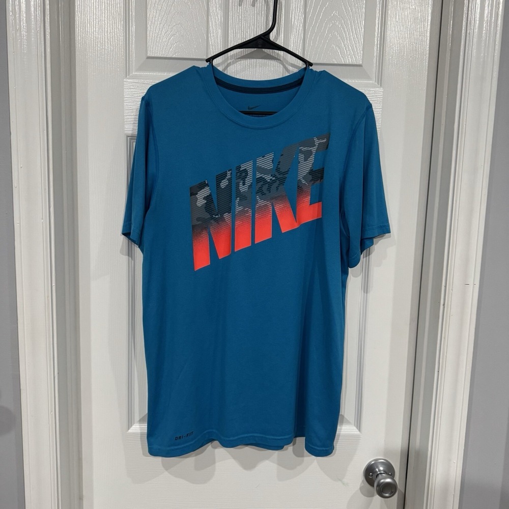 Nike Shirt Mens Medium Blue Dri Fit Short Sleeve Crew Neck Graphic Print